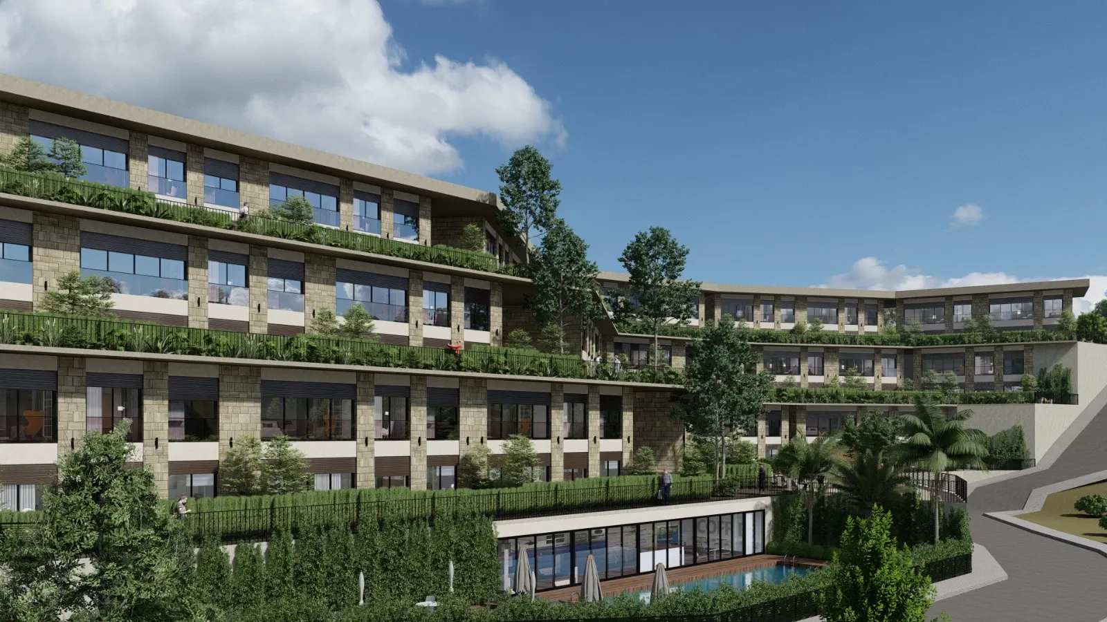 Beykoz Villa — teraslı bahçeli az katlı konut yerleşkesi render görseli