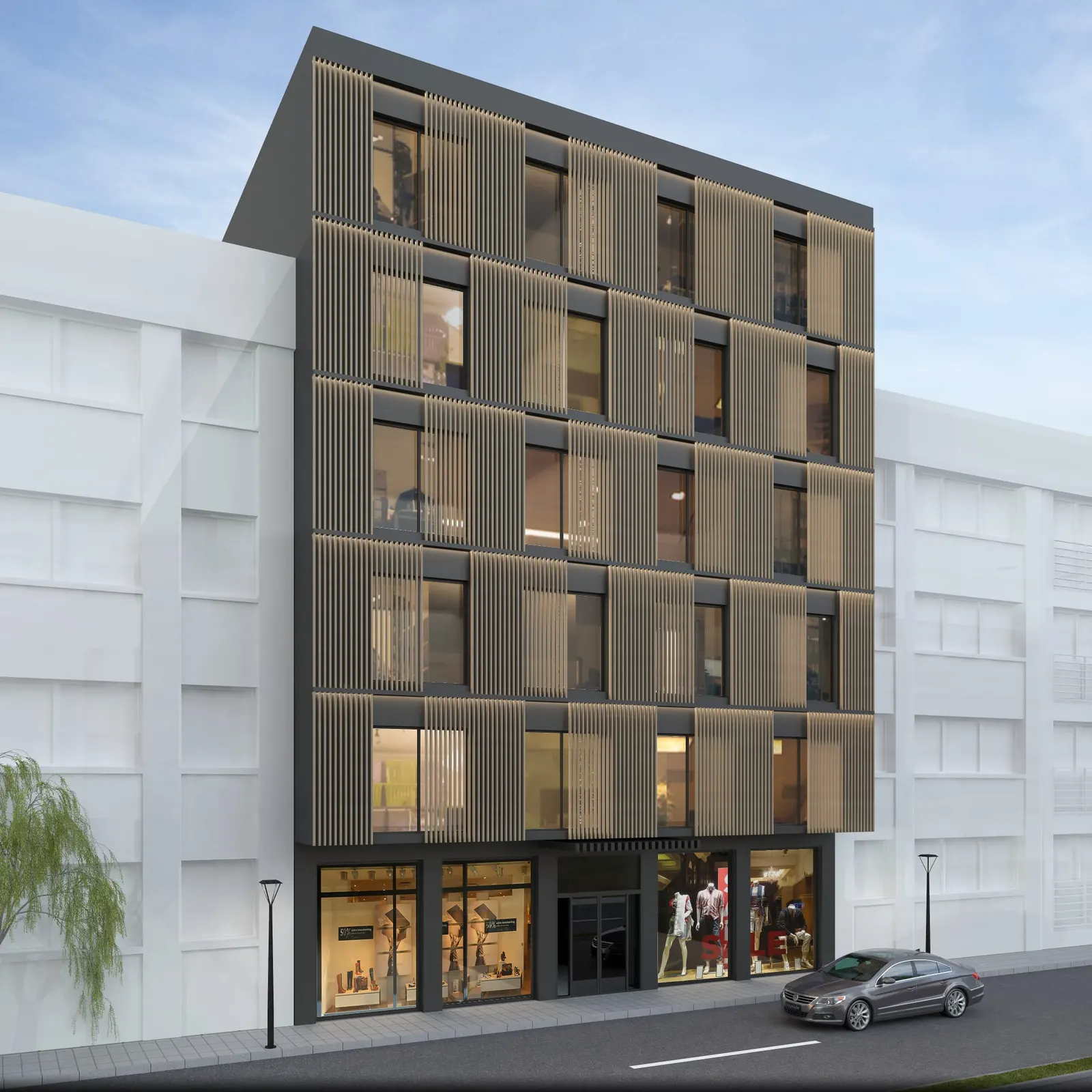 Çakmak Plaza — ahşap lamel cepheli ticari yapı render görseli